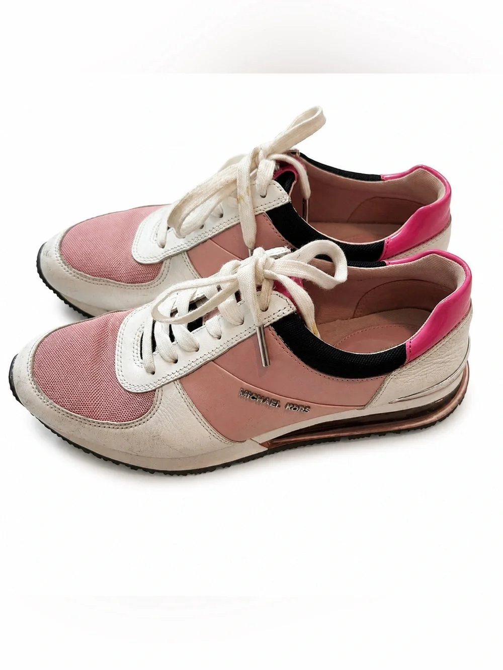 Michael Kors Women’s 7.5 Pink White Leather Mesh Lace Up Sneakers Casual Shoes